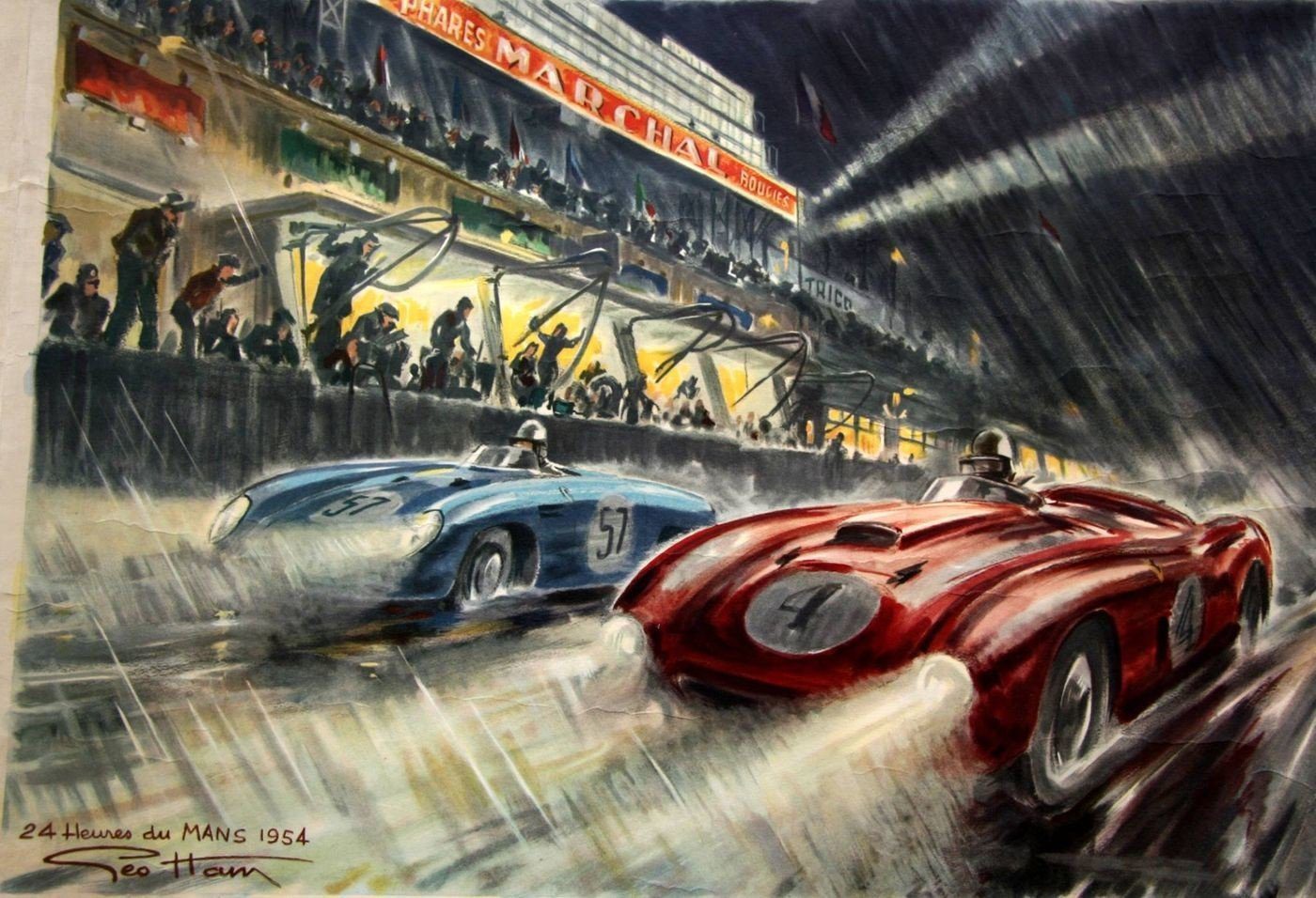 Très belle toile de Géo Ham symbolisant la victoire d'une Ferrari et de la D.B à l'indice énergétique en 1954, revanche de 1953 où elle avait perdu la victoire pour seulement 2/1000 de points !